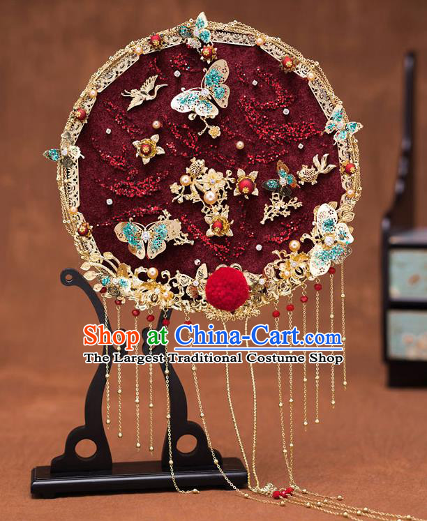 Chinese Traditional Wedding Prop Dark Red Round Fan Ancient Bride Palace Fans for Women