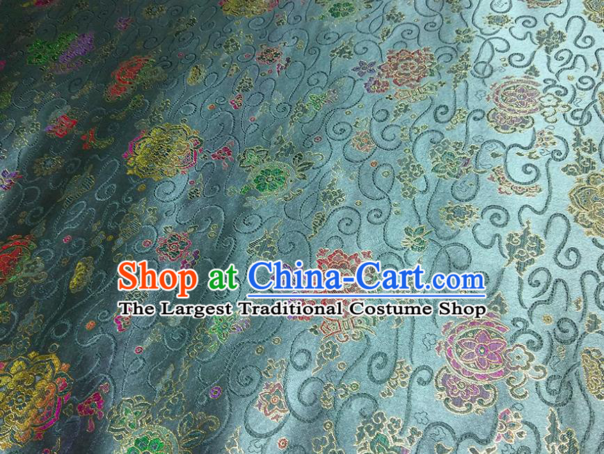 Asian Chinese Traditional Treasure Flowers Pattern Design Peacock Green Brocade Silk Fabric China Hanfu Satin Material