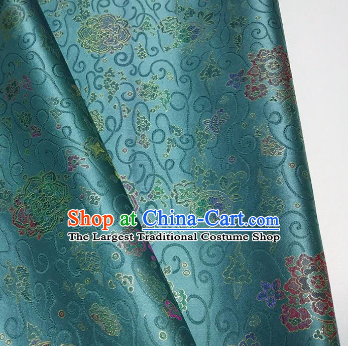 Asian Chinese Traditional Treasure Flowers Pattern Design Peacock Green Brocade Silk Fabric China Hanfu Satin Material