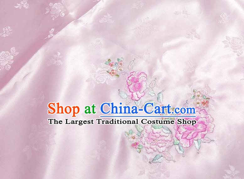 Chinese Traditional Embroidered Peony Pattern Design Pink Silk Fabric Asian Brocade China Hanfu Satin Material