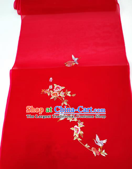 Chinese Traditional Embroidered Crane Flowers Pattern Design Red Silk Fabric Asian China Hanfu Silk Material