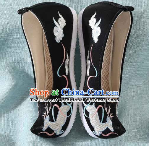 Chinese Handmade Embroidered Deer Black Bow Shoes Traditional Ming Dynasty Hanfu Shoes Princess Shoes for Women