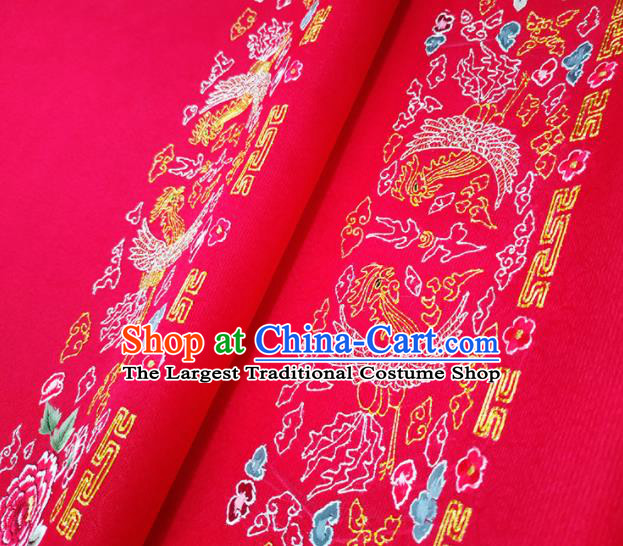 Chinese Traditional Embroidered Phoenix Peony Pattern Design Red Silk Fabric Asian China Hanfu Silk Material