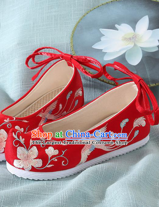 Chinese Handmade Embroidered Plum Bird Red Bow Shoes Traditional Ming Dynasty Hanfu Shoes Princess Shoes for Women