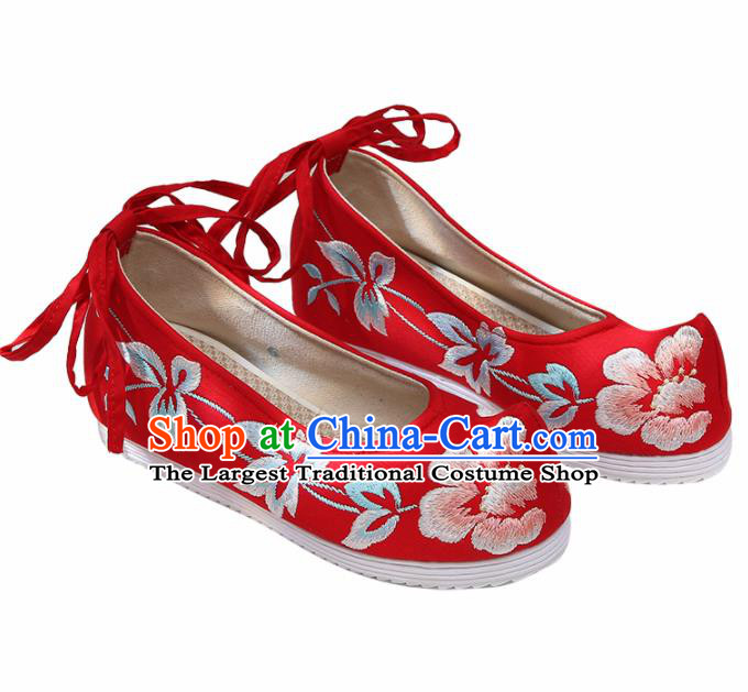 Chinese Handmade Embroidered Peony Red Bow Shoes Traditional Ming Dynasty Hanfu Shoes Princess Shoes for Women