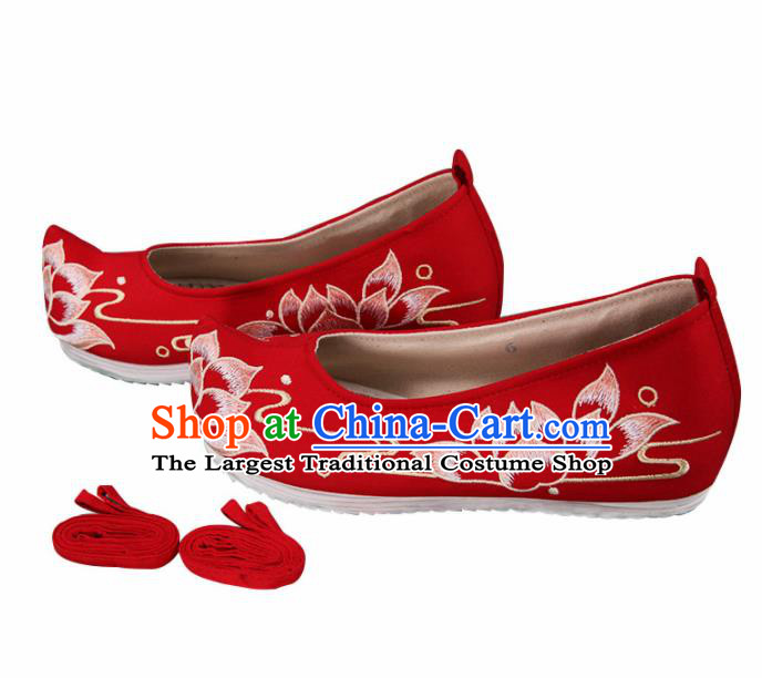 Chinese Handmade Embroidered Lotus Red Cloth Bow Shoes Traditional Ming Dynasty Hanfu Shoes Princess Shoes for Women