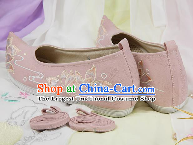 Chinese Handmade Embroidered Lotus Pink Cloth Bow Shoes Traditional Ming Dynasty Hanfu Shoes Princess Shoes for Women