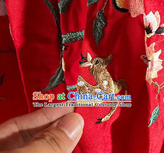 Chinese Traditional Embroidered Deer Pattern Design Red Flax Fabric Asian China Hanfu Material