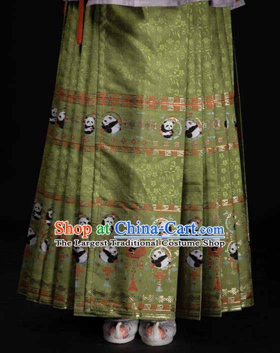 Chinese Traditional Panda Pattern Design Olive Green Brocade Fabric Asian China Satin Hanfu Material