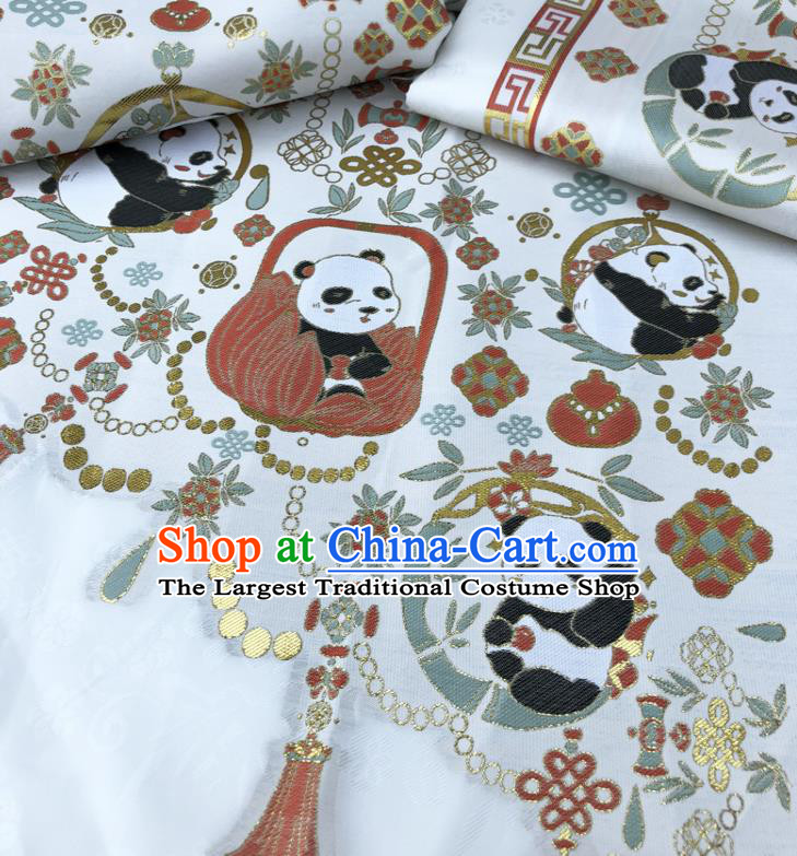 Chinese Traditional Panda Pattern Design White Brocade Fabric Asian China Satin Hanfu Material