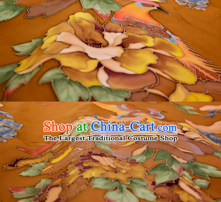 Chinese Traditional Pheasant Peony Pattern Design Orange Silk Fabric Asian China Hanfu Mulberry Silk Material