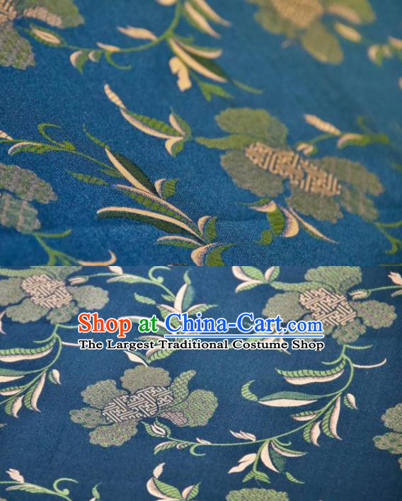 Chinese Traditional Herbaceous Peony Pattern Design Blue Silk Fabric Asian China Hanfu Gambiered Guangdong Mulberry Silk Material
