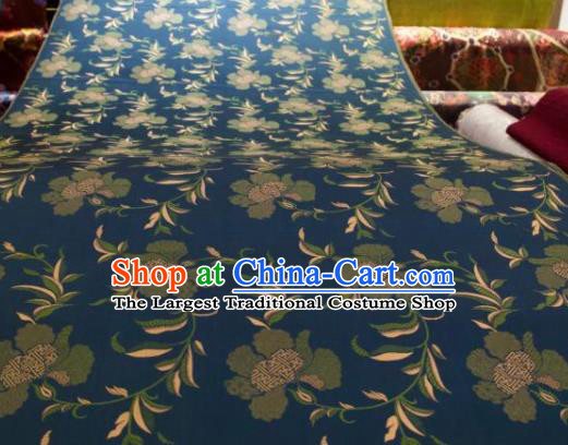 Chinese Traditional Herbaceous Peony Pattern Design Blue Silk Fabric Asian China Hanfu Gambiered Guangdong Mulberry Silk Material