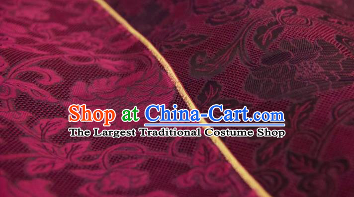 Chinese Traditional Twine Peony Pattern Design Wine Red Silk Fabric Asian China Hanfu Gambiered Guangdong Mulberry Silk Material