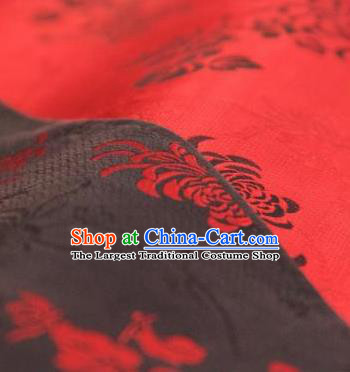 Chinese Traditional Black Chrysanthemum Pattern Design Red Silk Fabric Asian China Hanfu Jacquard Mulberry Silk Material