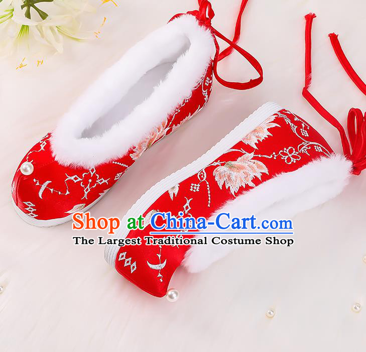 Asian Chinese Winter Shoes Embroidered Red Bow Shoes Traditional Opera Shoes Hanfu Shoes for Women