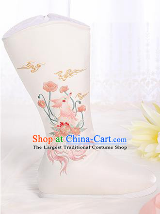 Asian Chinese White Embroidered Fox Boots Traditional Opera Boots Hanfu Shoes for Women
