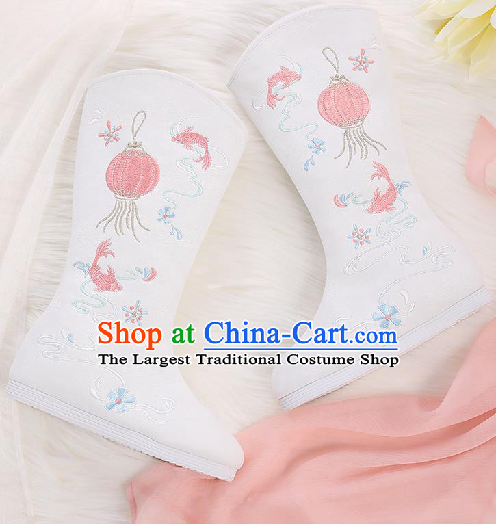 Asian Chinese White Embroidered Lantern Boots Traditional Opera Boots Hanfu Shoes for Women