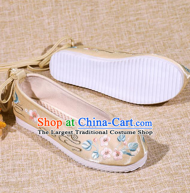 Asian Chinese Satin Shoes Embroidered Flowers Golden Shoes Traditional Opera Shoes Hanfu Shoes for Women