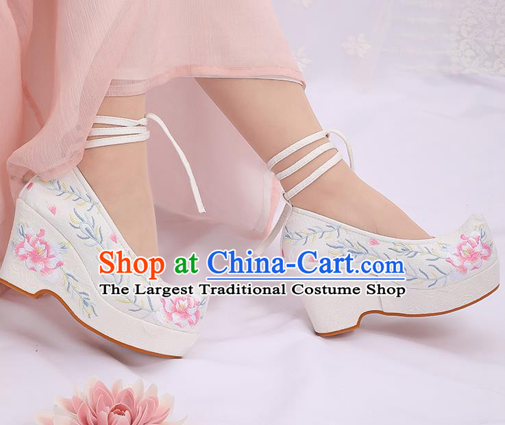 Asian Chinese White High Heel Shoes Embroidered Shoes Traditional Opera Shoes Hanfu Shoes for Women