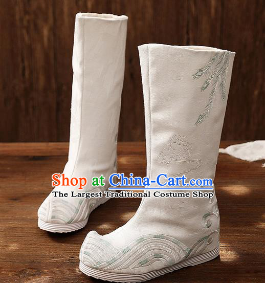 Asian Chinese White Embroidered Boots Traditional Opera Boots Hanfu Shoes for Women