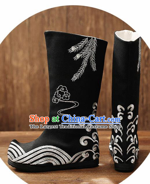 Asian Chinese Black Embroidered Boots Traditional Opera Boots Hanfu Shoes for Women