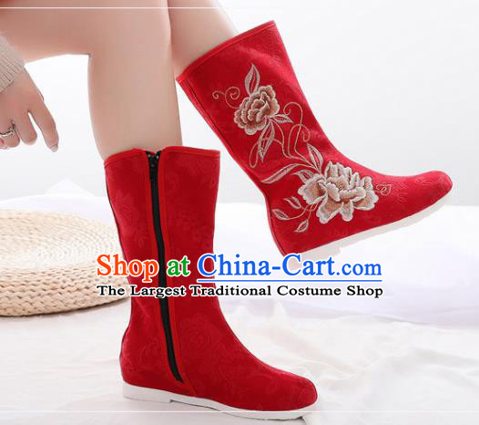 Asian Chinese Embroidered Peony Red Boots Traditional Opera Boots Hanfu Shoes for Women