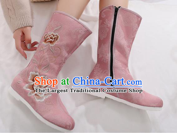 Asian Chinese Embroidered Peony Pink Boots Traditional Opera Boots Hanfu Shoes for Women