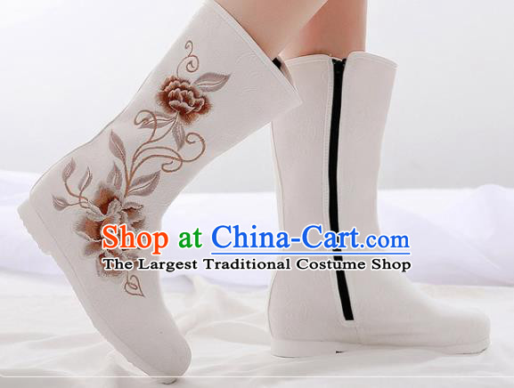 Asian Chinese Embroidered Peony White Boots Traditional Opera Boots Hanfu Shoes for Women