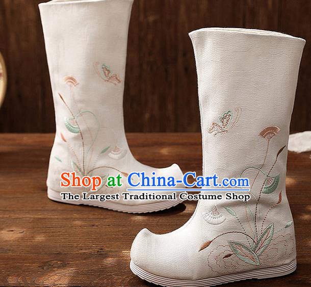 Asian Chinese Embroidered White High Boots Traditional Opera Boots Hanfu Shoes for Women
