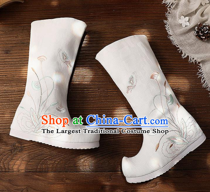 Asian Chinese Embroidered White High Boots Traditional Opera Boots Hanfu Shoes for Women