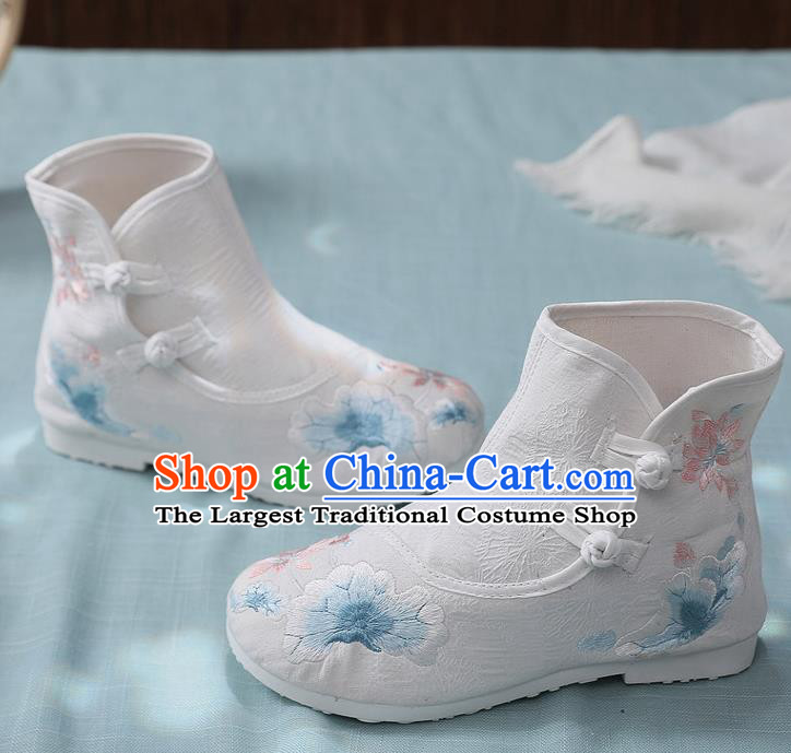 Asian Chinese Embroidered Lotus White Ankle Boots Traditional Opera Boots Hanfu Shoes for Women