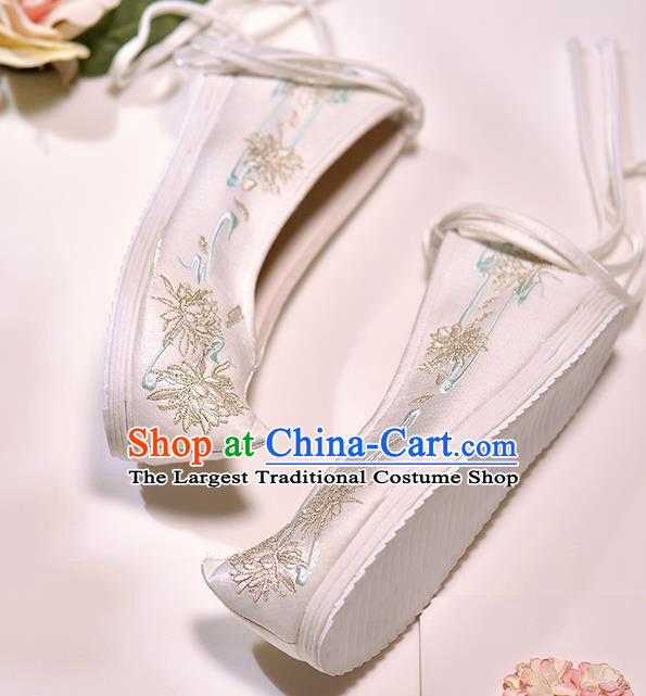 Asian Chinese Embroidered Epiphyllum White Satin Shoes Hanfu Shoes Traditional Opera Shoes Princess Shoes for Women