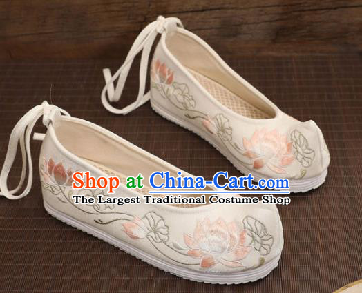 Asian Chinese Embroidered Lotus White Bow Shoes Hanfu Shoes Traditional Opera Shoes Princess Shoes for Women