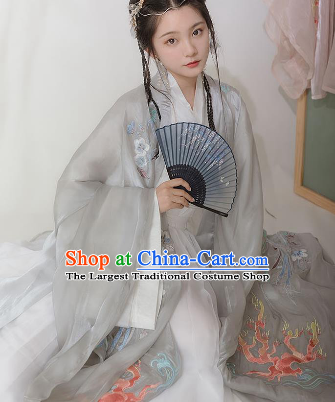 Chinese Ancient Hanfu Embroidered Grey Cardigan Traditional Ming Dynasty Princess Costumes for Women