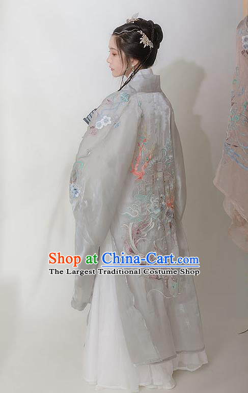 Chinese Ancient Hanfu Embroidered Grey Cardigan Traditional Ming Dynasty Princess Costumes for Women