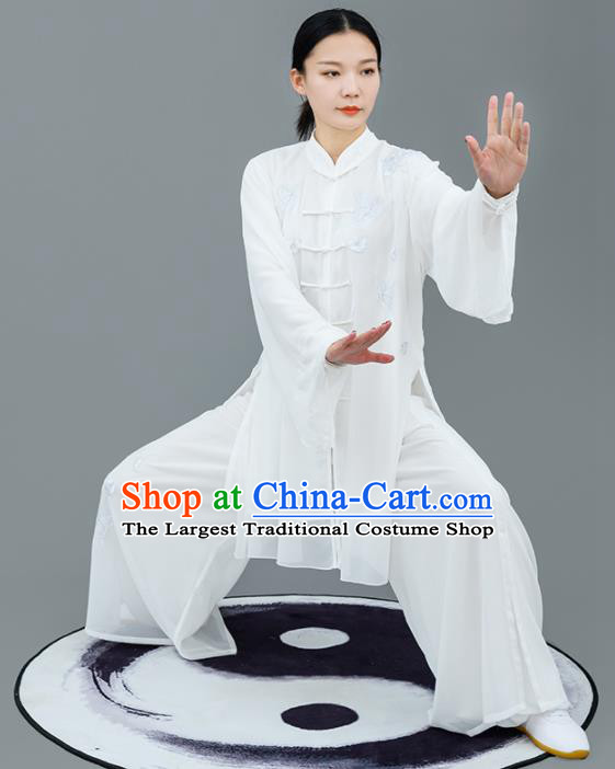 Chinese Traditional Tai Chi Training Embroidered White Costumes Martial Arts Performance Outfits for Women