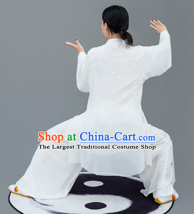 Chinese Traditional Tai Chi Training Embroidered White Costumes Martial Arts Performance Outfits for Women
