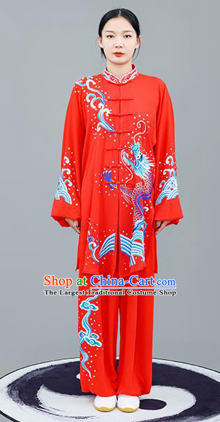 Chinese Traditional Tai Chi Training Embroidered Dragon Red Costumes Martial Arts Performance Outfits for Women