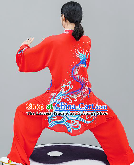 Chinese Traditional Tai Chi Training Embroidered Dragon Red Costumes Martial Arts Performance Outfits for Women