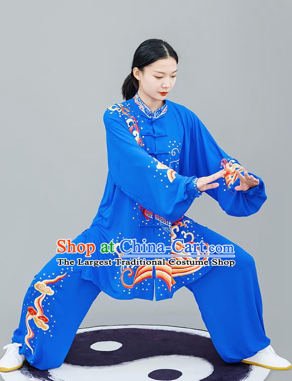 Chinese Traditional Tai Chi Training Embroidered Dragon Royalblue Costumes Martial Arts Performance Outfits for Women