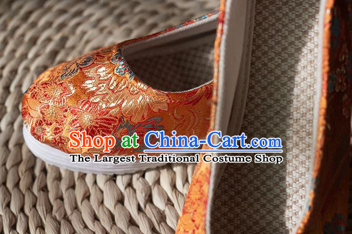 Asian Chinese Traditional Hanfu Orange Brocade Shoes Ancient Princess Shoes Handmade Shoes for Women