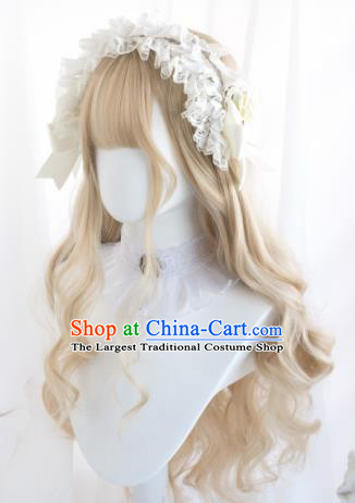 Top Grade Cosplay Light Golden Wigs Young Lady Long Curly Hair Wiggery Headdress for Women