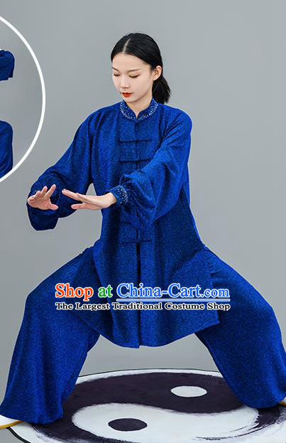 Chinese Traditional Tai Chi Training Bright Silk Royalblue Costumes Martial Arts Performance Outfits for Women