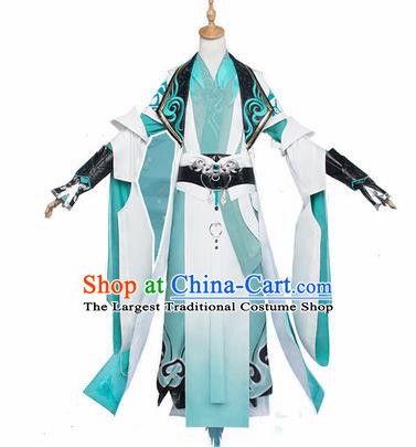 Chinese Traditional Cosplay Swordsman Blue Costumes Ancient Crown Prince Clothing for Men