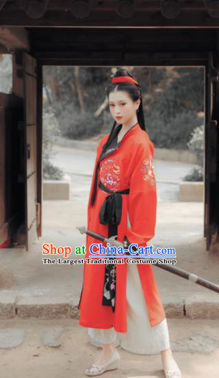 Chinese Traditional Tang Dynasty Swordswoman Costumes Ancient Female Knight Red Hanfu Dress for Women