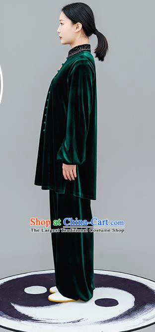 Chinese Traditional Tai Chi Training Green Velvet Costumes Martial Arts Performance Outfits for Women