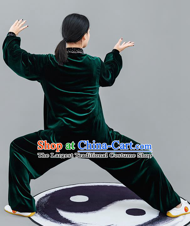 Chinese Traditional Tai Chi Training Green Velvet Costumes Martial Arts Performance Outfits for Women
