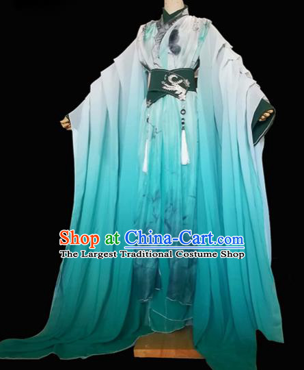 Chinese Traditional Cosplay Swordsman Green Costumes Ancient Crown Prince Clothing for Men