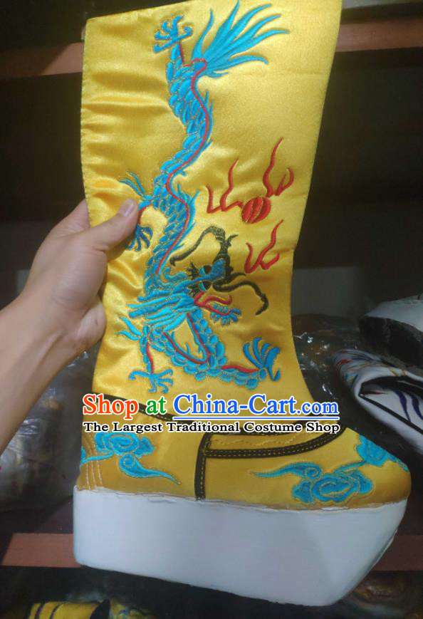 Chinese Traditional Beijing Opera Embroidered Dragon Yellow Boots Peking Opera Takefu Shoes for Men